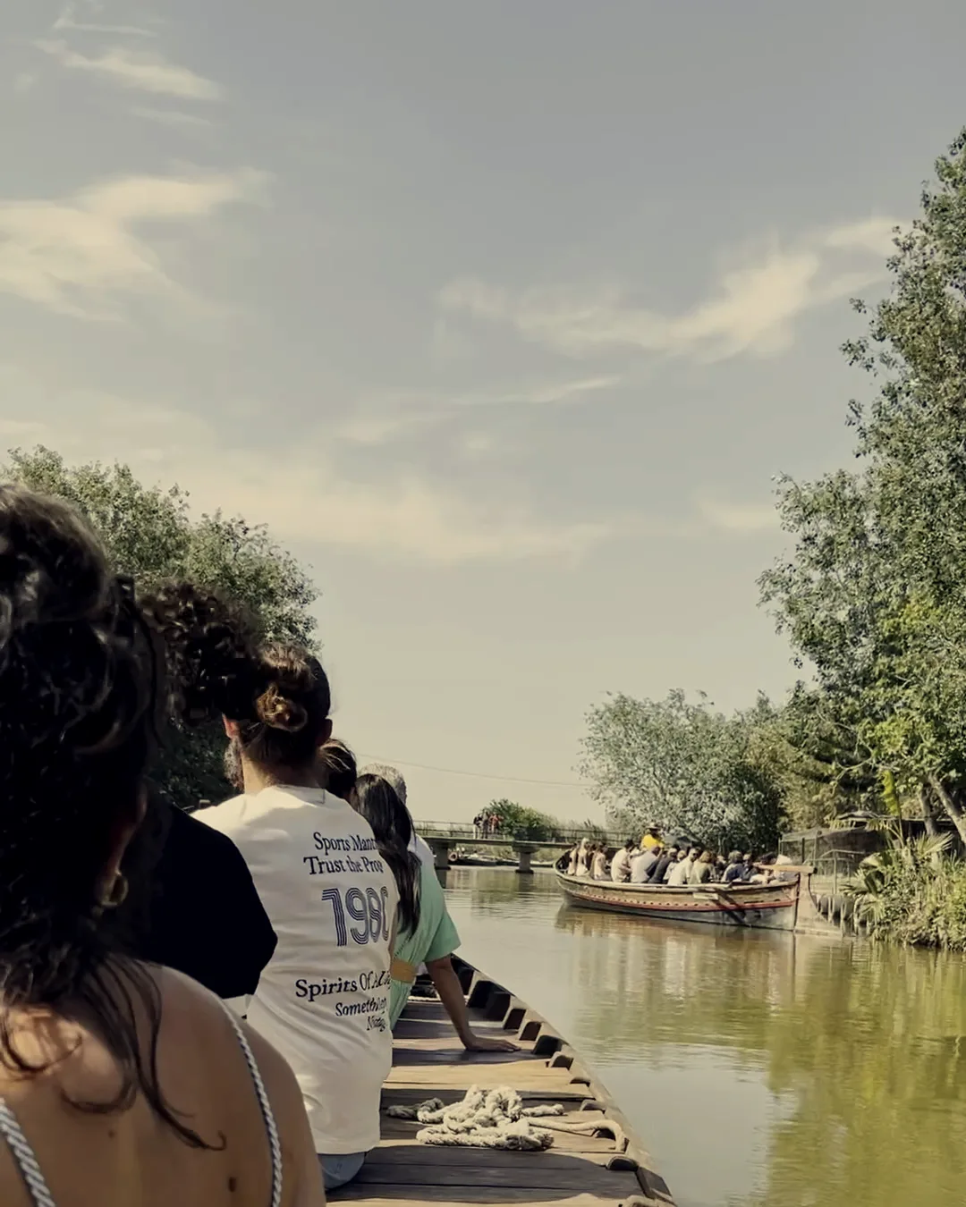 A group, seen from behind, on a boat along a canal of the Albufera, with another boat ahead